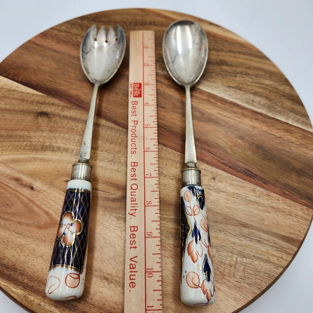 Vintage EPNS England Salad Serving Set Imari Style Porcelain Handles 10